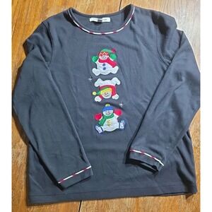 Mercer Street Studio Shirt Top Women‎ PM Black Embroidered Snowman Christmas